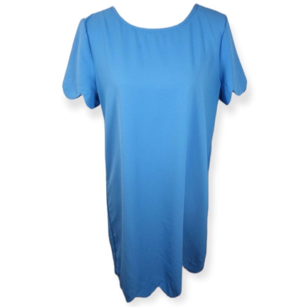 ONE STORY BLUE SHIFT DRESS W/SCALLOPED SLEEVES SZ.L EUC